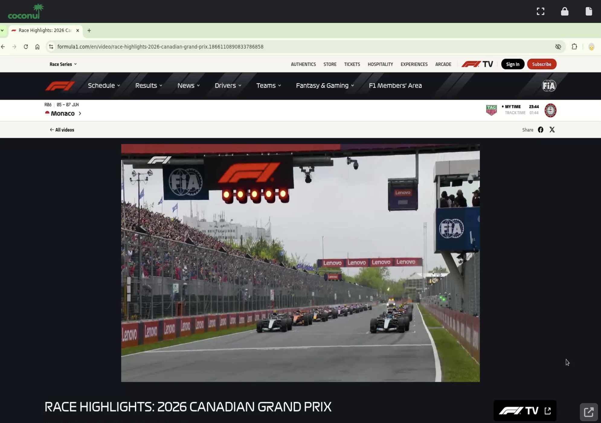 Coconut secure cloud browser streaming Formula1.com inside an isolated cloud session