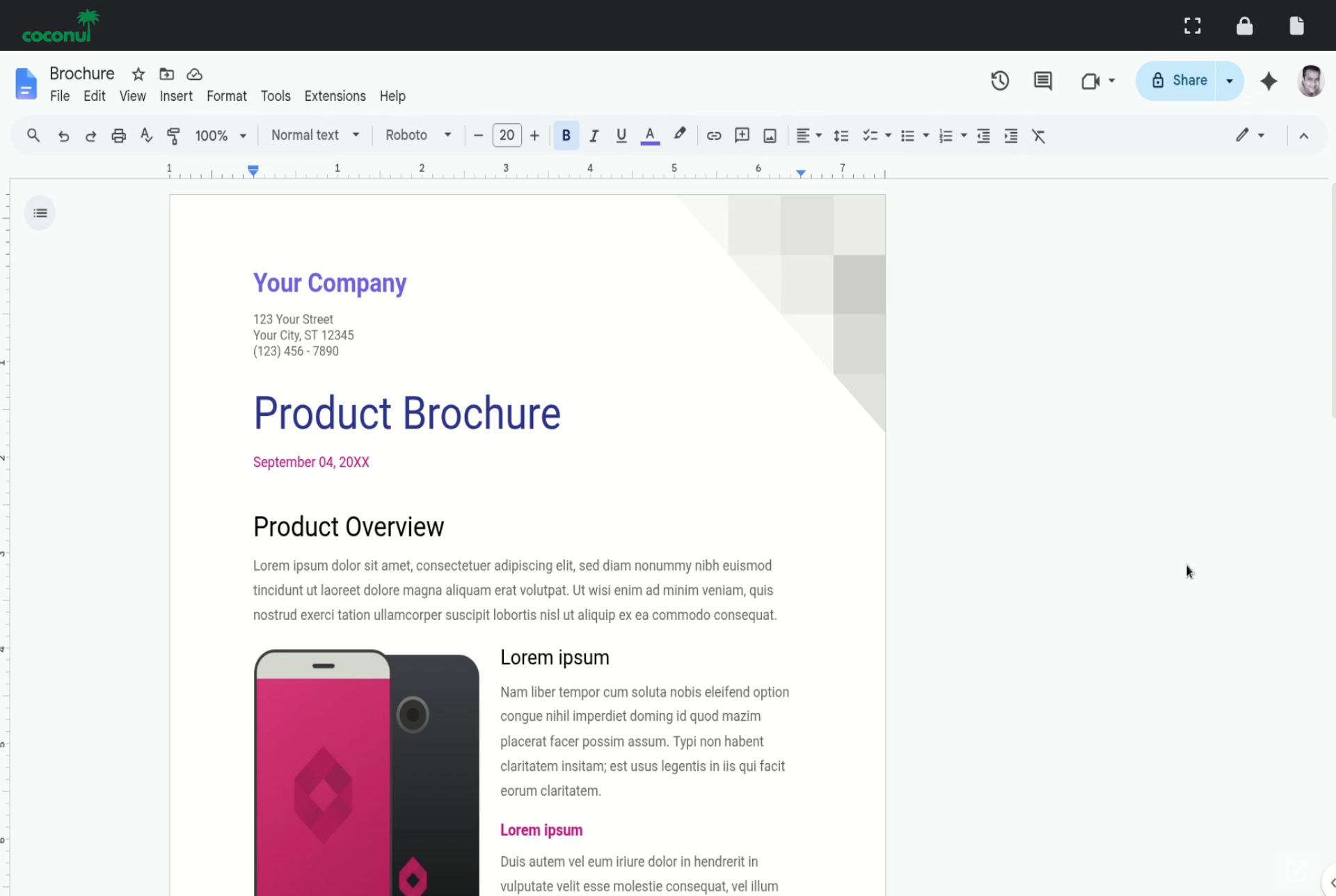 Google Docs editing a Product Brochure inside the Coconut cloud browser
