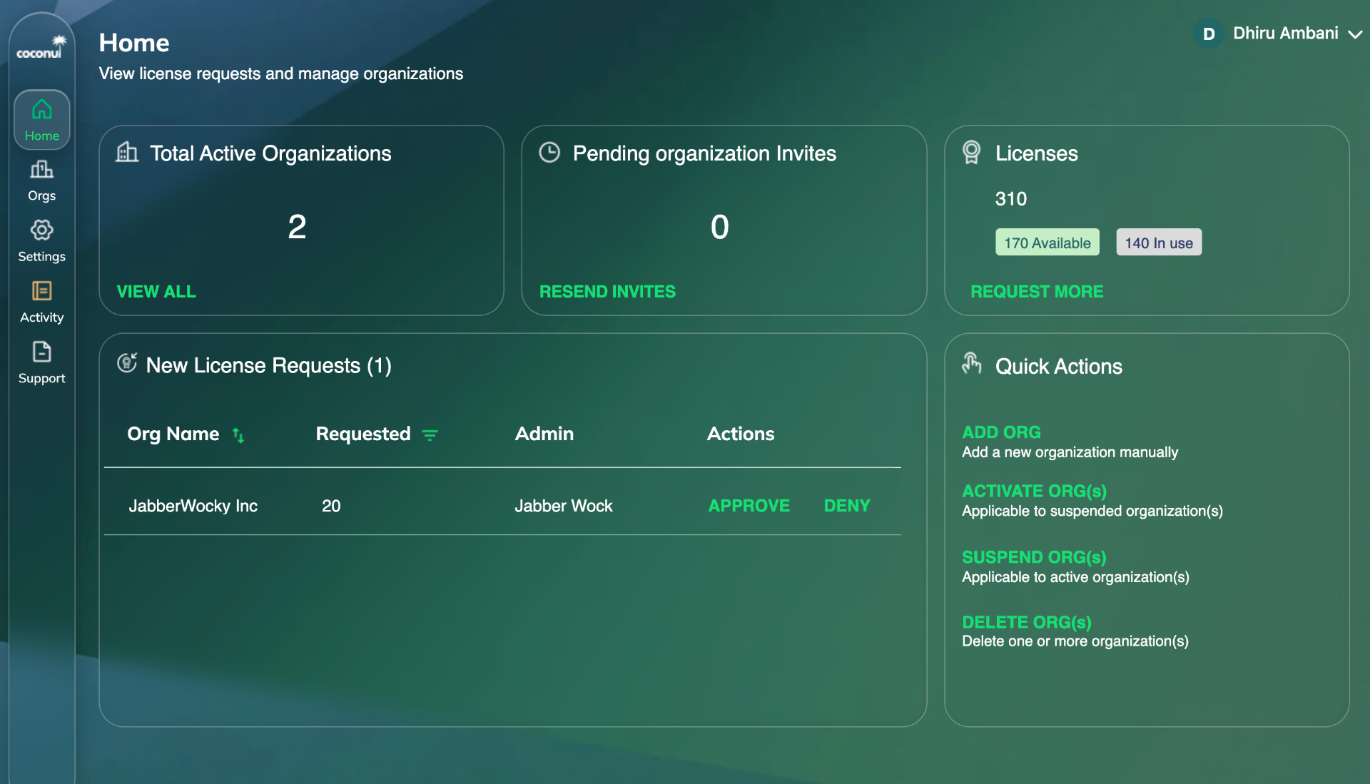 Coconut MSP dashboard showing all client organizations, license pool, and pending license requests