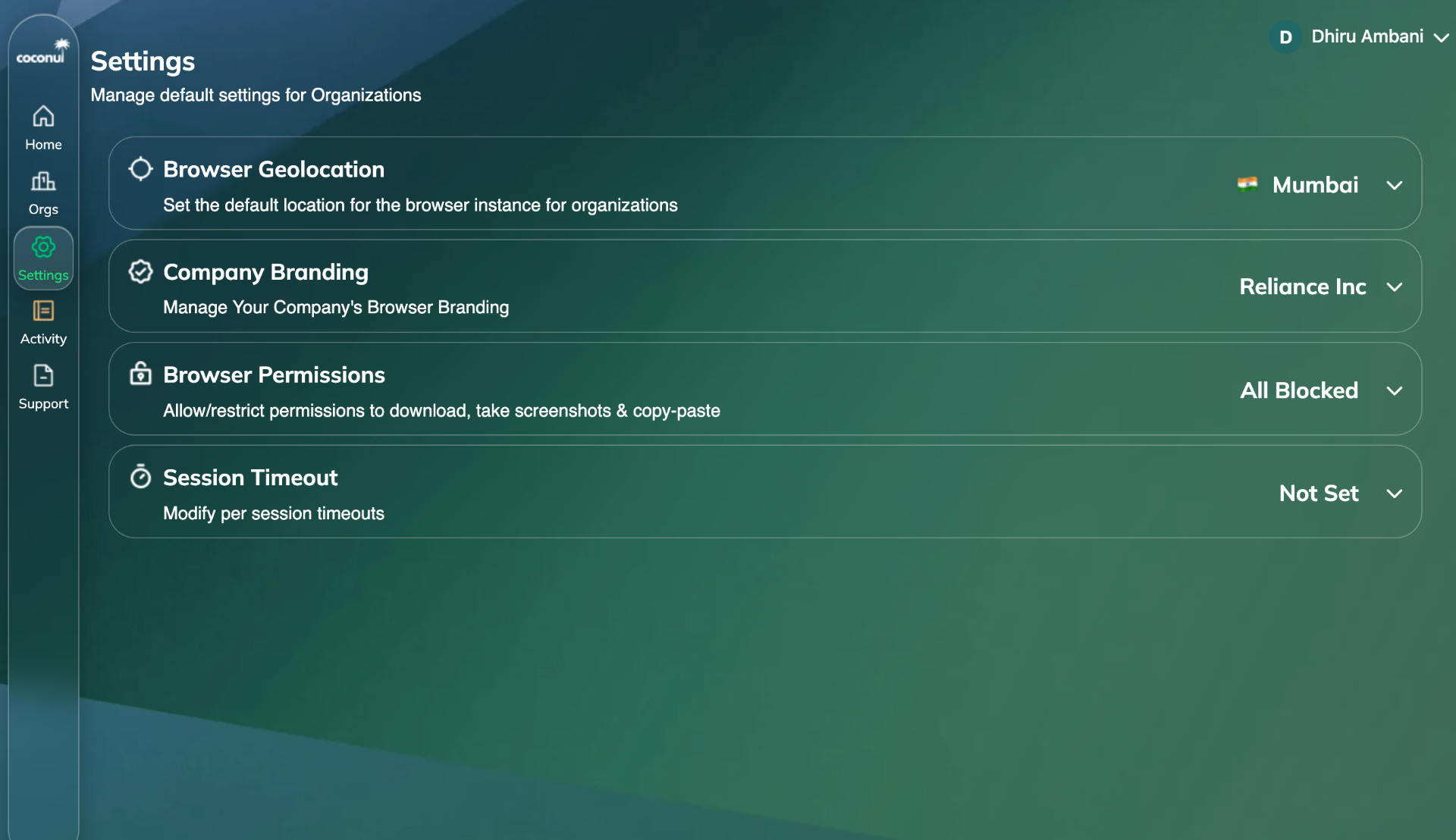 Coconut MSP settings page showing default browser geolocation, company branding, browser permissions, and session timeout
